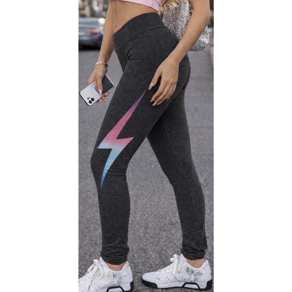 Aviator Nation Leggings Womens L Black Full Length Hi-Rise Pink/Purple/Blue Bolt